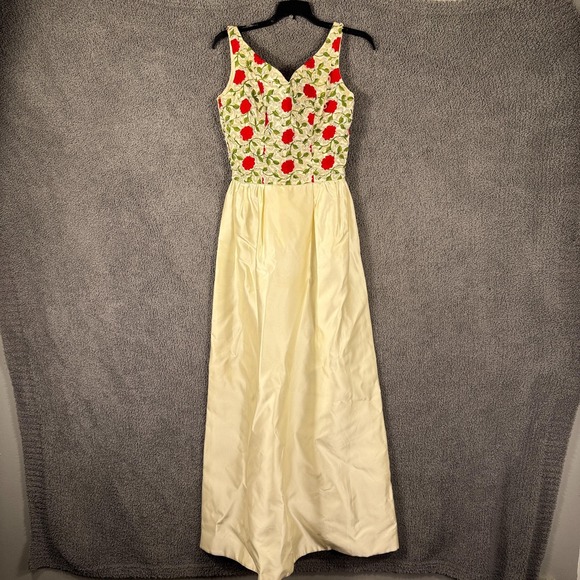 Vintage Emma Domb Dress Womens 10 Pale Yellow Red Rose Sequin Formal Gown 60s